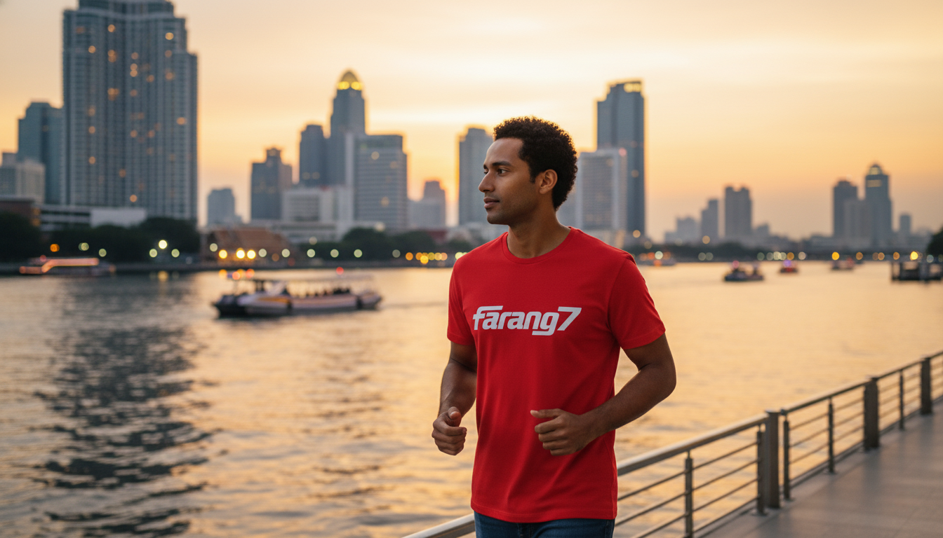 Red Tshirt Model River Walk