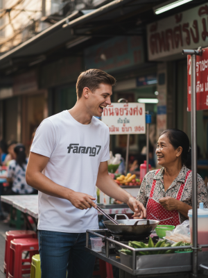 White Shirt Model Street Food Vendor